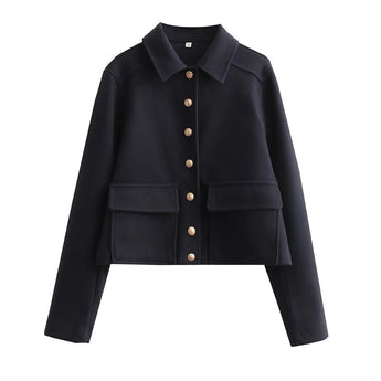 Women's grey wool blend cropped button jacket with a stylish winter design, featuring long sleeves and a tailored collar, suitable for formal or casual wear.