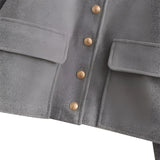Women's grey wool blend cropped button jacket with a stylish winter design, featuring long sleeves, a button-up front, and a classic collar.