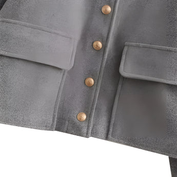 Women's grey wool blend cropped button jacket with a stylish winter design, featuring long sleeves, a button-up front, and a classic collar.