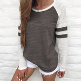 Women's heather grey raglan tee with black and white striped sleeves, featuring a crew neck design in a casual style, size 2XL.