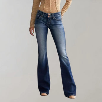 
Women's high-waist dark wash flared stretch jeans in deep blue, size 2XL, showcasing a stylish flared leg design with a comfortable high-waist fit.
