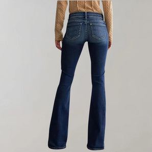 Dark wash flared stretch jeans for women featuring a high-waist design, showcasing the legs and waist area.