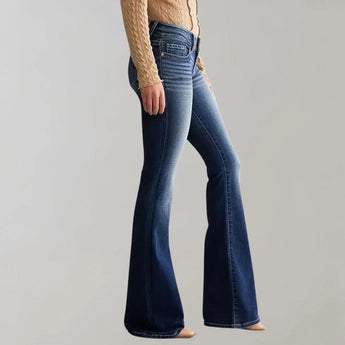 Women's high-waist dark wash flared stretch jeans.