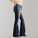 
A pair of women's high-waist dark wash flared stretch jeans being worn, highlighting the waist and leg fit with a flared design at the bottom.