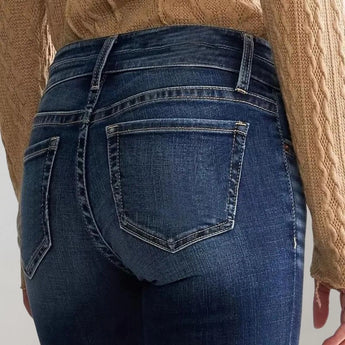 Women's high-waist dark wash flared stretch jeans made of denim, featuring a classic design with a stylish flared leg.