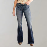Women's high-waist dark wash flared stretch jeans in marine blue displayed, showcasing the waist, thigh, and knee areas. The jeans are paired with a leather jacket, emphasizing the denim texture and fit.