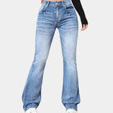 Women's high-waist flared denim jeans in a light blue color featuring a slim fit with stretch material.