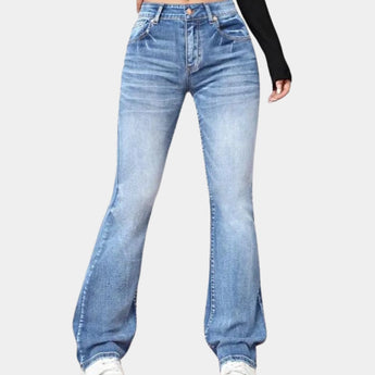 Women's high-waist flared denim jeans in a light blue color featuring a slim fit with stretch material.