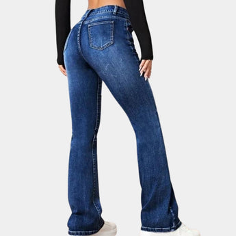 Women's high-waist flared black jeans made of slim fit stretch denim, showcasing a flattering silhouette with a focus on waist and thigh areas.