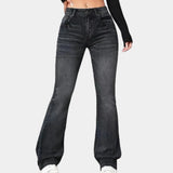 
A pair of women's high-waist flared black jeans in a slim fit stretch denim, featuring a stylish and flattering silhouette, shown in size 2XL.