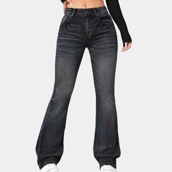 
A pair of women's high-waist flared black jeans in a slim fit stretch denim, featuring a stylish and flattering silhouette, shown in size 2XL.