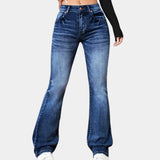 Women's high-waist flared jeans in dark blue, showcasing a slim fit design made from stretch denim.