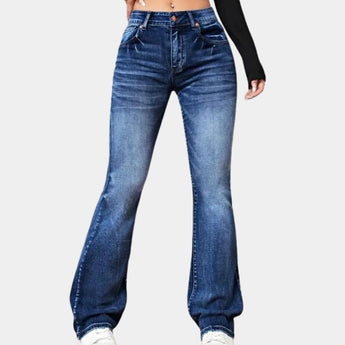 Women's high-waist flared jeans in dark blue, showcasing a slim fit design made from stretch denim.