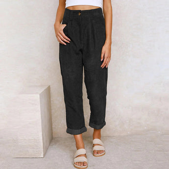
A pair of women's high-waisted black corduroy cropped pants in size 3XL, featuring a terracotta color and showcasing a fashion-forward design.