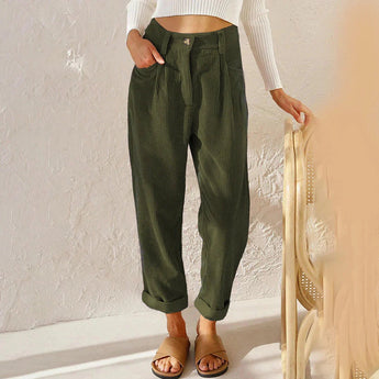 Women's light green high-waisted corduroy cropped pants in size 3XL, featuring a flattering fit around the waist, thighs, and knees.