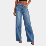 
A pair of women's high-waisted wide-leg jeans in a vintage style, featuring a frayed hem in a vibrant blue color. The denim fabric is showcased with detail on the waist and pockets, offering a classic and stylish appearance.