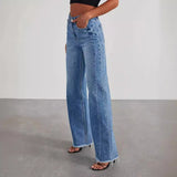 Women's high-waisted wide-leg jeans with vintage style and frayed hem in electric blue denim, showcasing a fashionable design with emphasis on the waist and thigh areas.