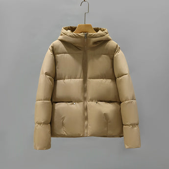 Women's brown hooded color block insulated puffer jacket in 2XL size, featuring a pattern design with long sleeves and pockets.