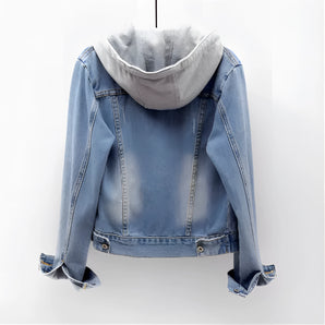 Women's light wash denim jacket with a hood and fleece lining, featuring long sleeves and a front collar, designed for winter outerwear.