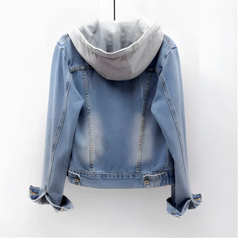 Women's light wash denim jacket with a hood and fleece lining, featuring long sleeves and a front collar, designed for winter outerwear.
