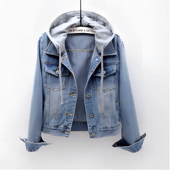 Women's light blue hooded fleece-lined denim jacket in 3XL, featuring a collar and long sleeves, designed as a stylish winter outerwear piece with a light wash finish.