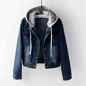 Women's hooded fleece-lined denim jacket in a light wash, featuring a blue color in size 3XL. The jacket includes a collar, long sleeves, and a comfortable fit suitable for winter outerwear.