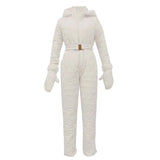 Women's insulated black hooded winter jumpsuit with long sleeves and sleek design, suitable for stylish ski fashion.