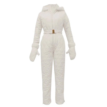 Women's insulated black hooded winter jumpsuit with long sleeves and sleek design, suitable for stylish ski fashion.