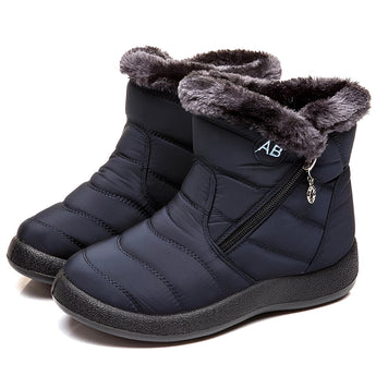 Women's insulated waterproof black winter snow boots with fur lining, designed for outdoor use and cold weather protection.