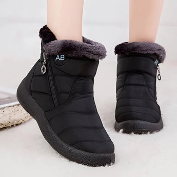 Women's black insulated waterproof winter snow boots with fur lining, designed for outdoor use, featuring synthetic rubber soles.