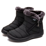 Women's insulated waterproof black winter snow boots with fur lining, designed for cold weather and outdoor activities.