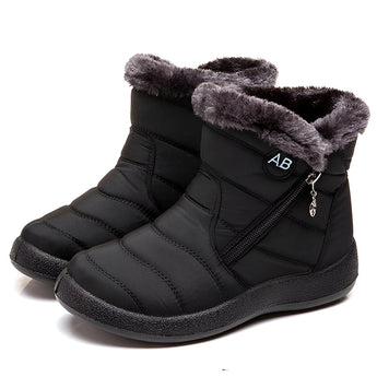 Women's insulated waterproof black winter snow boots with fur lining, designed for cold weather and outdoor activities.