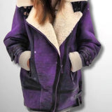 Purple Women's Insulated Winter Parka with Faux Fur Hood, featuring a warm and waterproof design, shown in size 5XL. The parka includes notable details such as a full-length sleeve, waist tie, and a cozy hood lined with faux fur for added warmth. 
