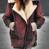 Women's red insulated winter parka in size 5XL featuring a faux fur hood, showcasing its warm and waterproof material with a focus on detailing like the collar, sleeves, and waist design.