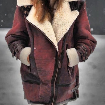 Women's red insulated winter parka in size 5XL featuring a faux fur hood, showcasing its warm and waterproof material with a focus on detailing like the collar, sleeves, and waist design.
