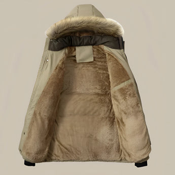 Women's khaki puffer coat with a faux fur hood, featuring long sleeves and a cozy collar. The coat is lightweight and eco-friendly, with a warm and stylish design that includes beige and grey tones.