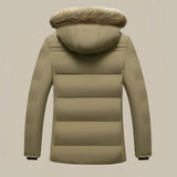 Women's khaki puffer coat featuring a faux fur hood, highlighted by its warm and eco-friendly design. The coat includes a collar, pockets, and a distinct pattern, with attention to detailing at the sleeves, waist, and neck areas.