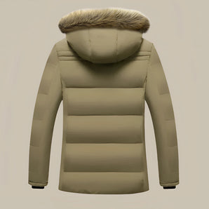 Women's khaki puffer coat featuring a faux fur hood, highlighted by its warm and eco-friendly design. The coat includes a collar, pockets, and a distinct pattern, with attention to detailing at the sleeves, waist, and neck areas.