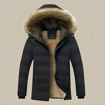Women's black puffer coat in size 4XL featuring a faux fur hood, long sleeves, and a warm, eco-friendly design.