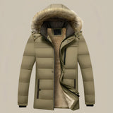 Women's khaki puffer coat in 4XL with a faux fur hood, featuring long sleeves and a high collar for added warmth. The coat's eco-friendly design combines beige and grey tones for a stylish appearance.