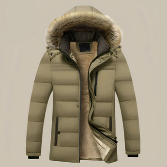 Women's khaki puffer coat in 4XL with a faux fur hood, featuring long sleeves and a high collar for added warmth. The coat's eco-friendly design combines beige and grey tones for a stylish appearance.