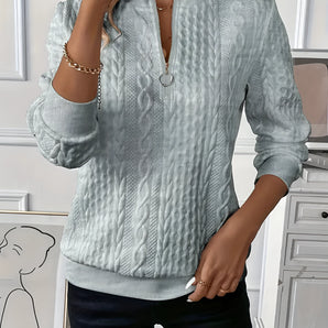 A light blue women's half-zip cable knit sweater featuring a spring fashion design, displayed on a mannequin with emphasis on the shoulder and arm areas.