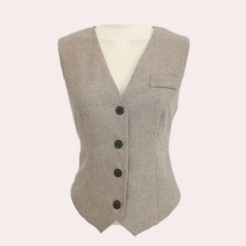 Women's light gray 3-piece tailored vest suit featuring a blazer with a notched collar, button closures, and long sleeves, suitable for elegant office wear.