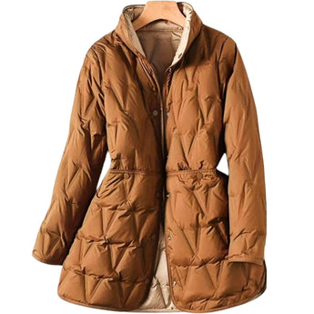 Black women's lightweight hooded puff jacket, featuring a water-resistant material with long sleeves and a stylish design.