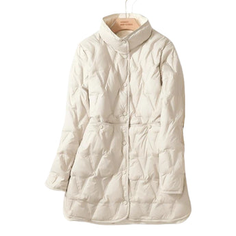 Women's black hooded puff jacket with a sleek and stylish design, featuring a water-resistant material, long sleeves, and a cozy collar.