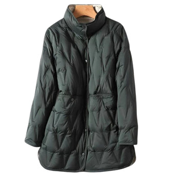 Dark green women's lightweight hooded puff jacket in 3XL size, featuring a sleek design with a water-resistant finish, long sleeves, and a comfortable collar, complete with functional pockets.
