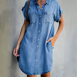 Light blue women's lightweight button front denim tunic dress in size 5XL, featuring long sleeves and a classic collar, displayed on a white background.