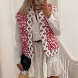 Women's lightweight floral embroidered bomber jacket in red and white with a collar and long sleeves.