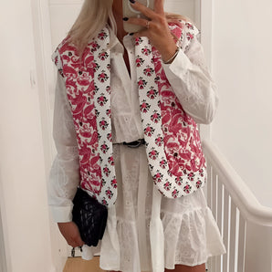 Women's lightweight floral embroidered bomber jacket in red and white with a collar and long sleeves.