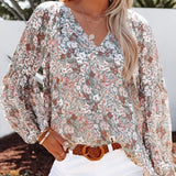 A gray, boho chic women's lightweight floral V-neck blouse in size 3XL, featuring a spring design with a stylish, loose fit and long sleeves.